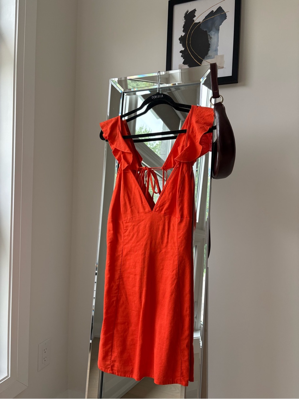 Linen Orange Ruffle-Shoulder V-Neck Sundress